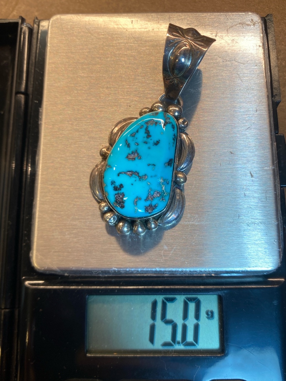 Signed M Spencer Navajo Sterling Silver Turquoise Pendant Vintage UNISEX - Picture 2 of 8